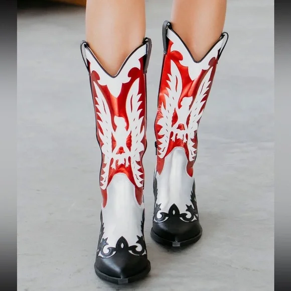 Mi.iM Western Midi Boots Size 10 Pointed Toe Red Silver Black Block Heel NEW - Picture 3 of 8